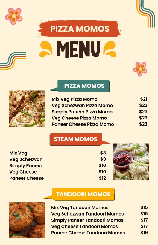 Delicious Variety of Cheesy Pizza Momos Options Pizza Menu Template