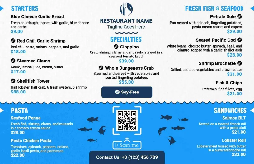 Delicious Variety of Fresh Seafood Delights and Specials Menu Template