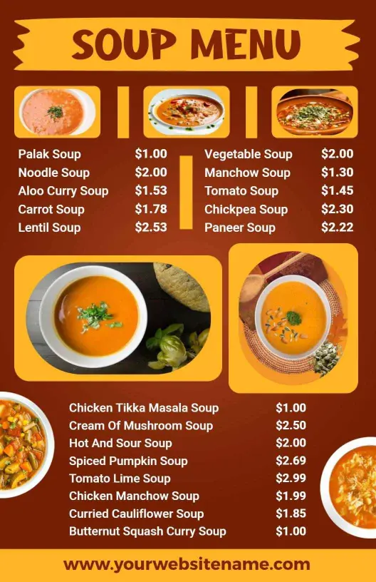 Delicious Variety of Hearty Soups and Comforting Flavors Soup Menu Template