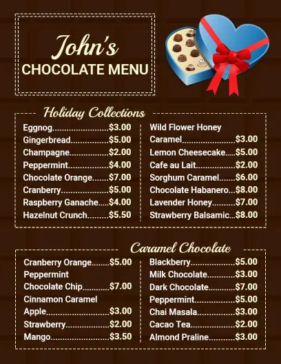 Delicious Variety of Holiday and Caramel Selections Chocolate Menu Template