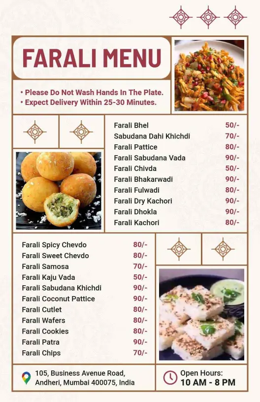 Delicious Vegetarian Farali Dishes and Snacks Indian Cuisine Menu Template