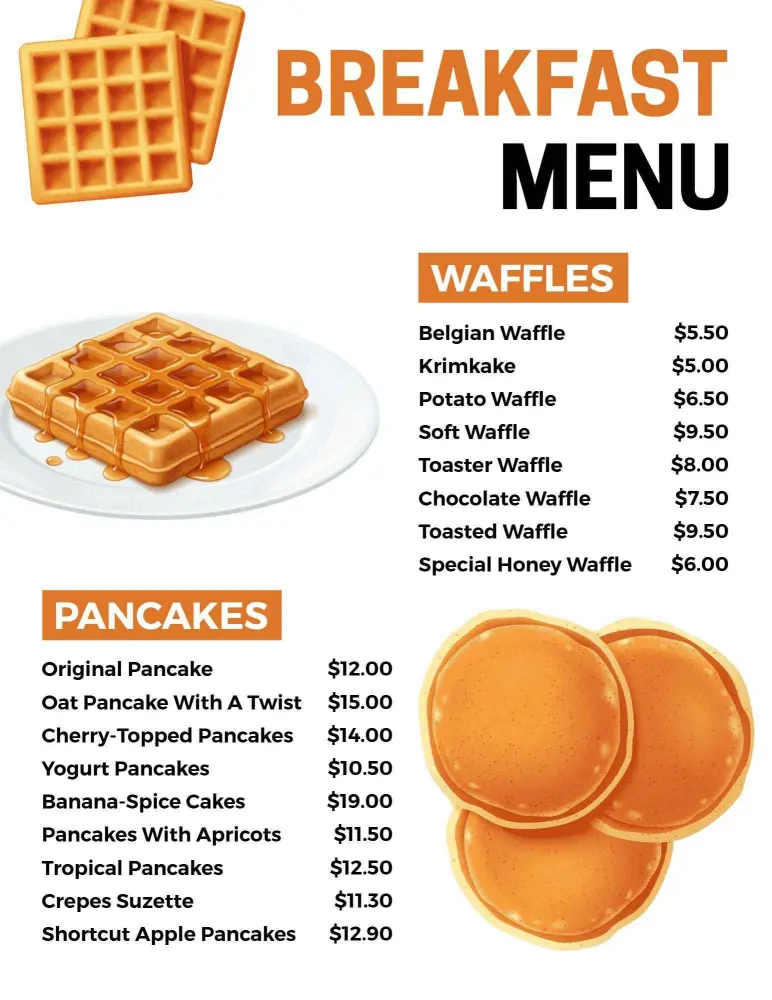 Delicious Waffles and Fluffy Pancakes for a Perfect Breakfast Menu Template