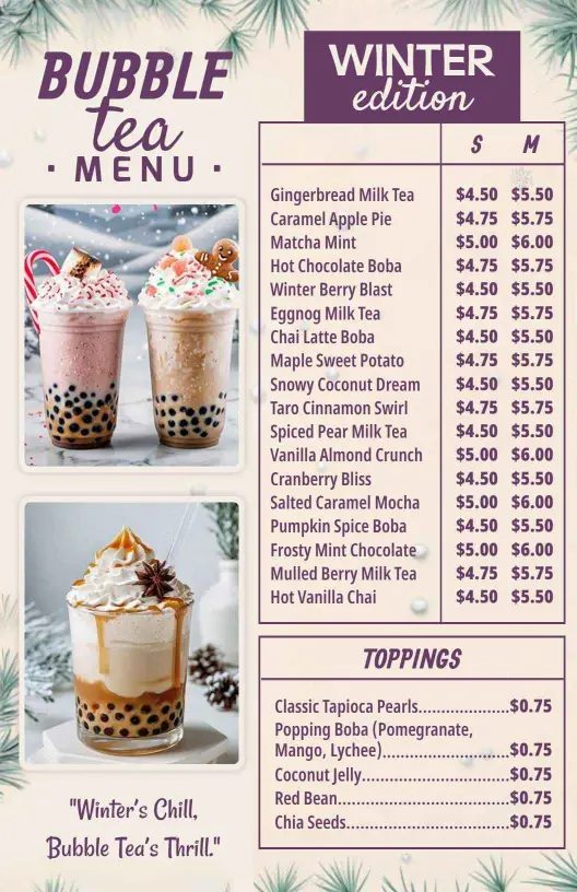 Delicious Winter-Themed Boba Treats and Flavors Boba Menu Template