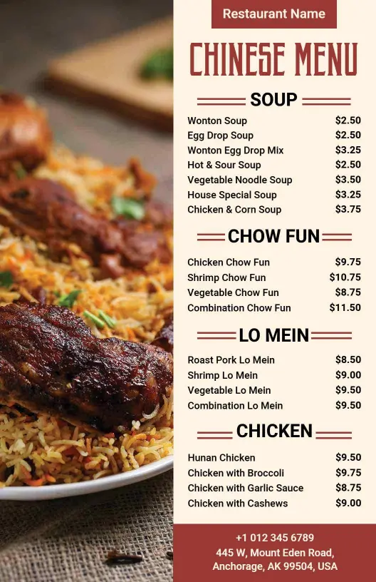 Delicious Wonton Soups and Savory Chow Fun Selections Chinese Menu Template