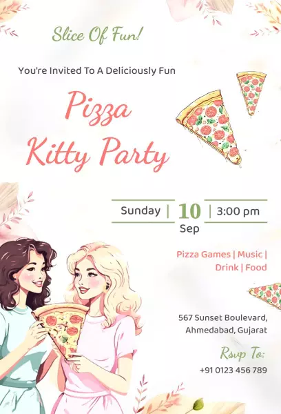 Deliciously Fun Pizza Kitty Party Invitation Template