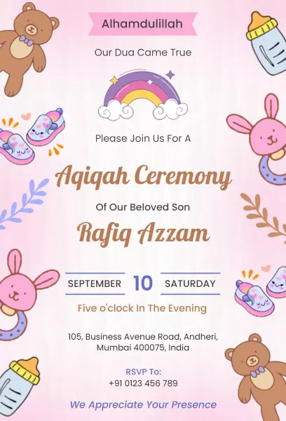 Delightful Aqiqah Ceremony Celebration for Beloved Son Invitation Template