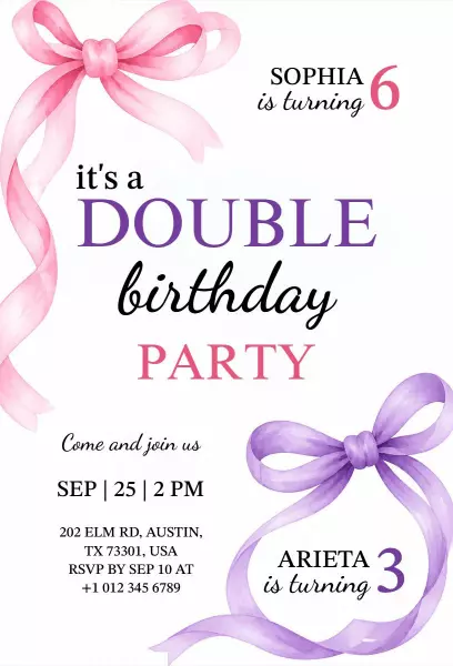 Delightful Bow Double Birthday Celebration Invitation Template