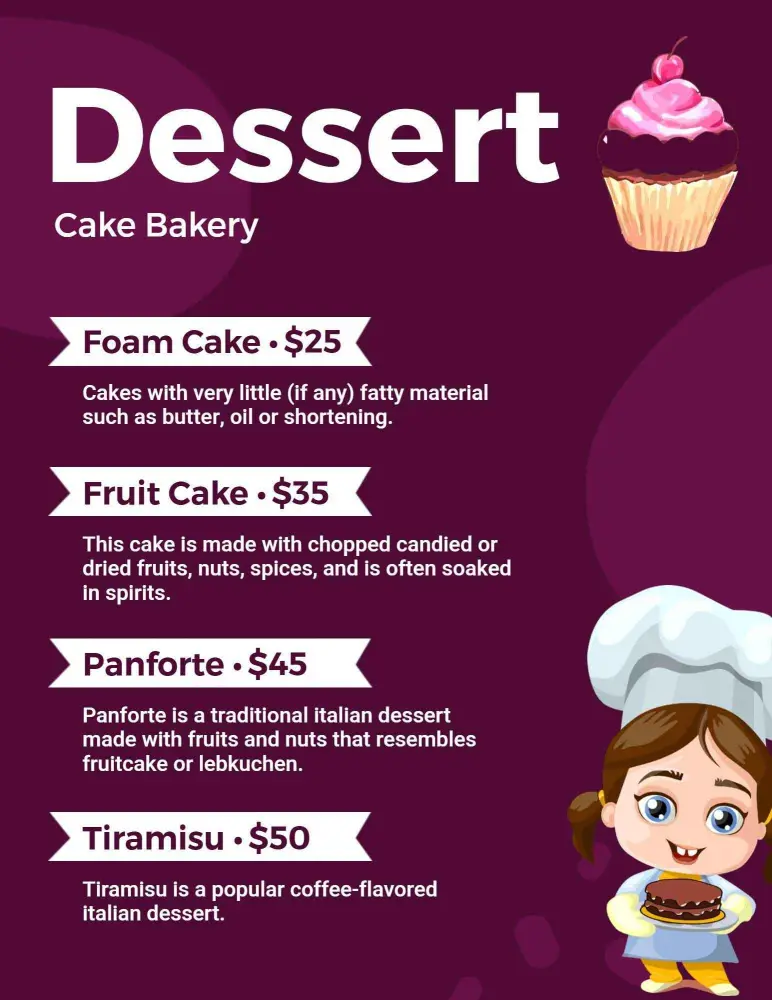 Delightful Cakes and Italian Treats for Sweet Tooth Lovers Dessert Menu Template