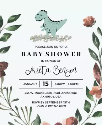 Delightful Floral Dinosaur Baby Shower Invitation Poster Template