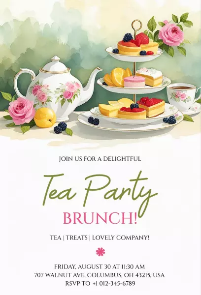 Delightful Floral Tea Party Brunch Celebration Invitation Template