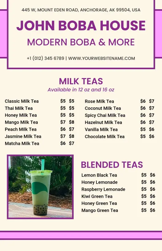 Delightful Milk and Blended Teas Featuring Unique Flavors Boba Menu Template