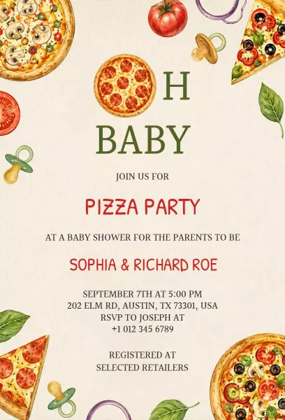 Delightful Pizza Party Baby Shower Celebration Invitation Template