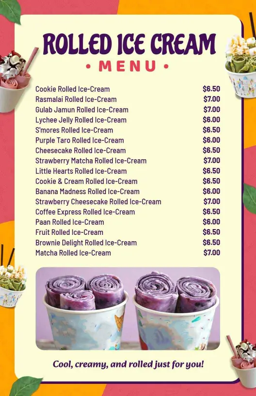 Delightful Rolled Ice Cream Flavors and Unique Options Ice Cream Menu Template