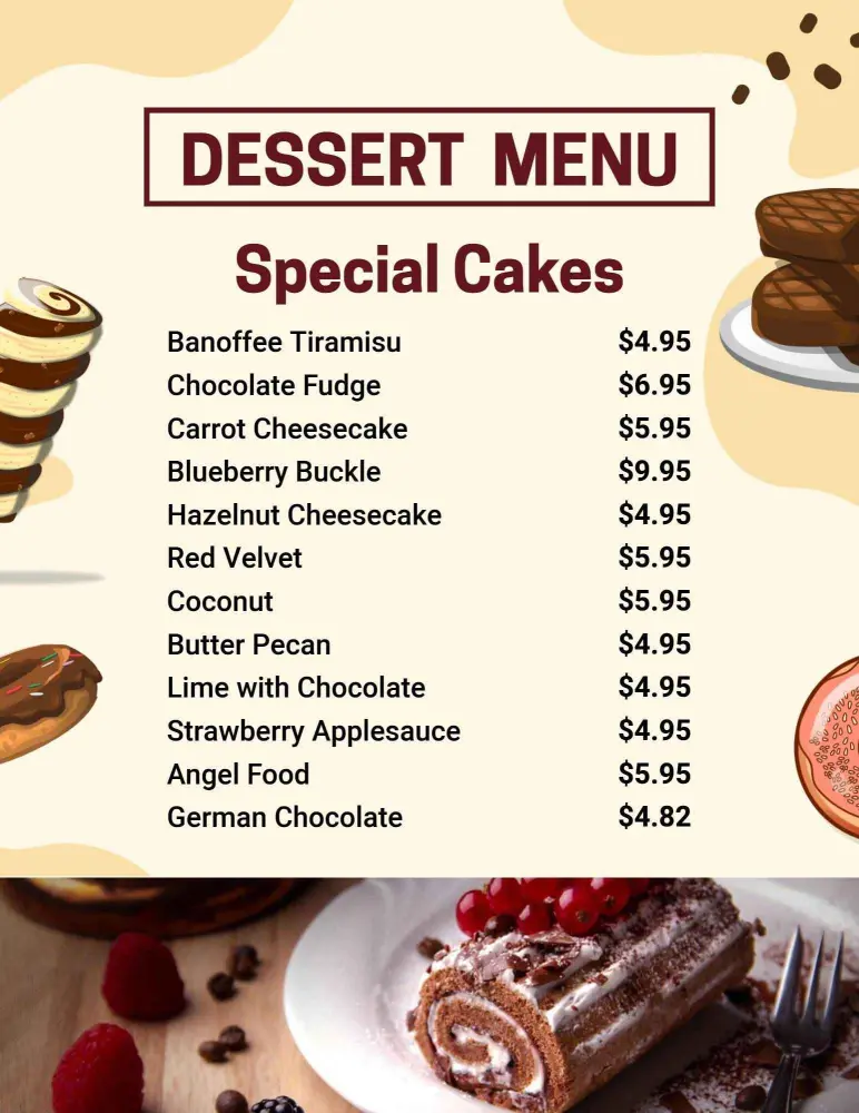 Delightful Selection of Special Cakes and Tempting Treats Dessert Menu Template