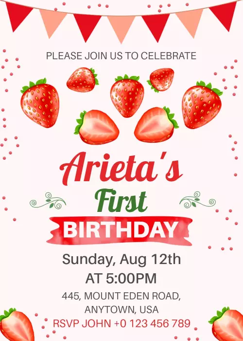 Delightful Strawberry First Birthday Celebration Invitation Template