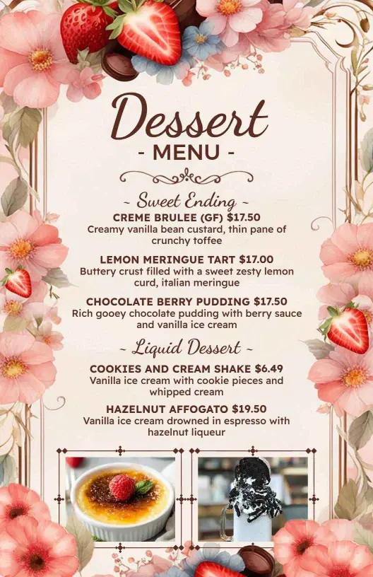 Delightful Sweets Featuring Cakes, Puddings, and Shakes Dessert Menu Template