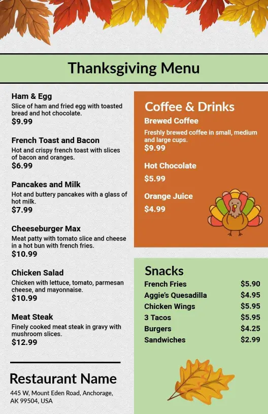 Delightful Thanksgiving Entrees and Refreshing Beverages Menu Template
