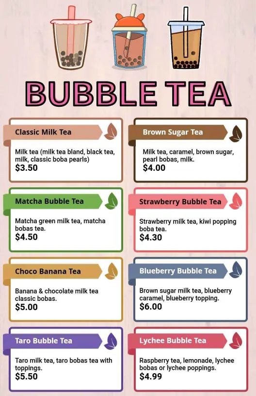 Delightful Varieties of Flavorful Bubble Teas Boba Menu Template
