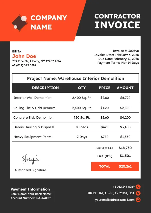 Demolition Contractor Project Billing with Service Invoice Template