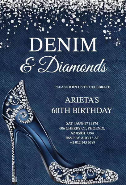Denim and Diamonds Glamorous 60th Birthday Invitation Template