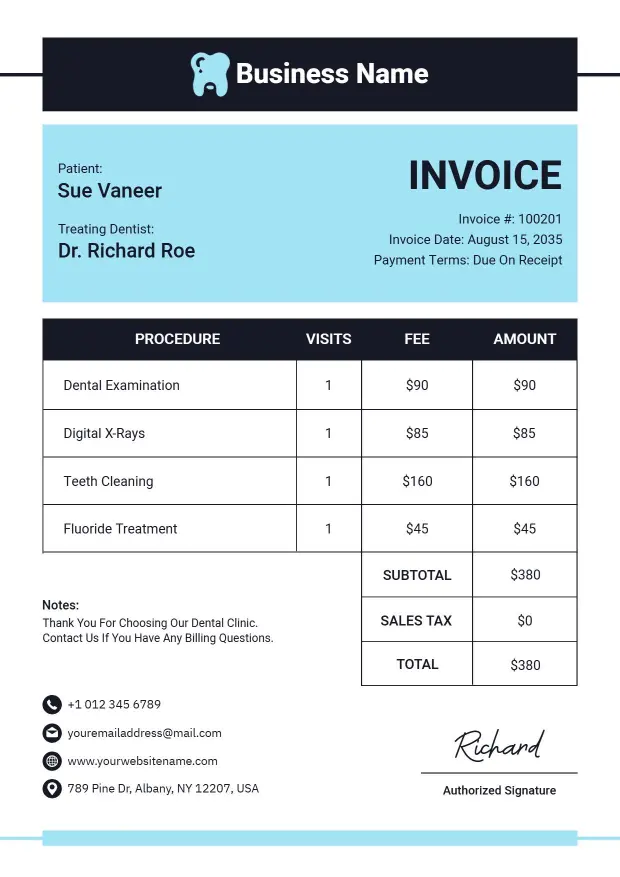 Dental Business Procedure and Treatment Billing Invoice Template