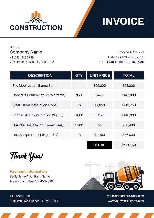 Detailed Orange Construction Works Facilities Invoice Template
