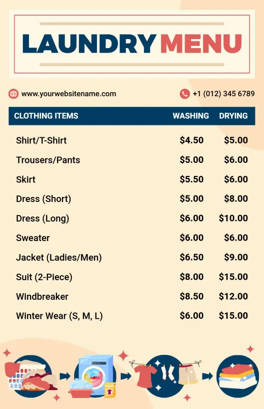 Detailed Pricing for Garment Care and Laundry Services Menu Template