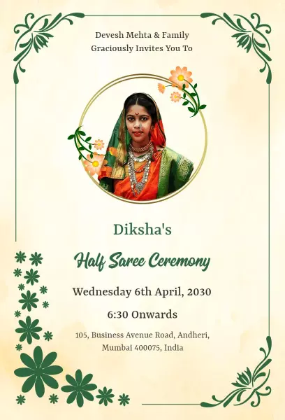 Diksha's Elegant Half Saree Ceremony Invitation Template