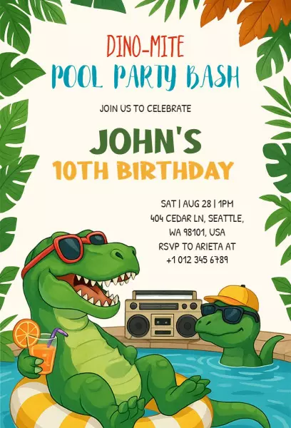 Dino-Mite Themed Pool Party Celebration Invitation Template