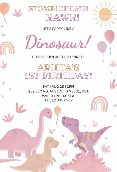 Dinosaur Adventure First Birthday Celebration Invitation Template