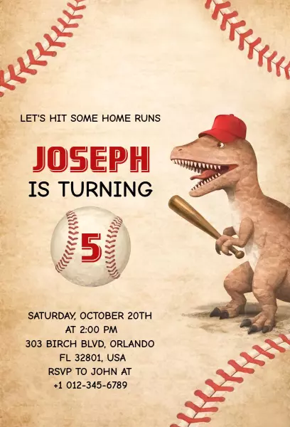 Dinosaur Baseball Theme Birthday Celebration Invitation Template