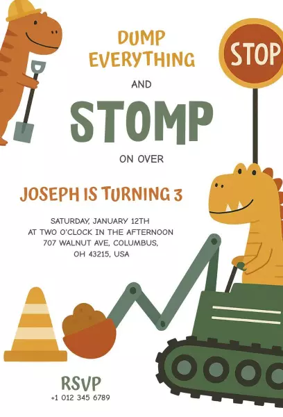 Dinosaur Construction Themed Birthday Party Invitation Template