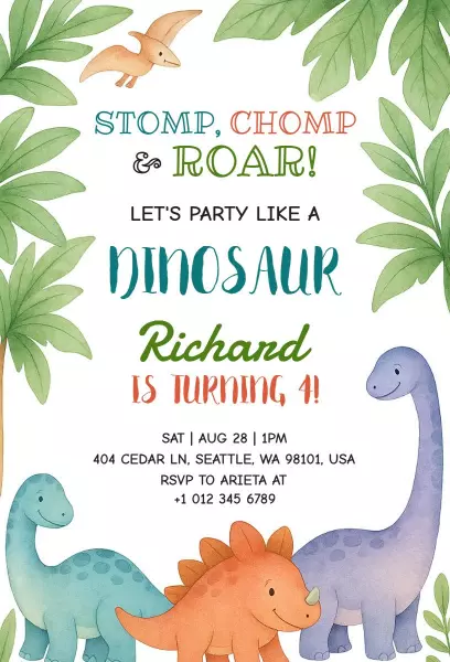Dinosaur Stomp Roar Fun Birthday Celebration Invitation Template