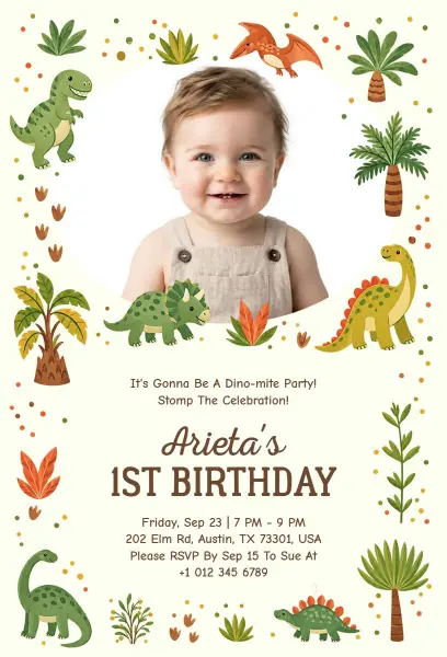 Dinosaur Theme First Birthday Party Invitation Template
