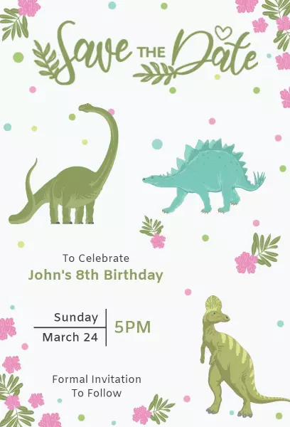 Dinosaur Theme John's 8th Birthday Save The Date Invitation Template