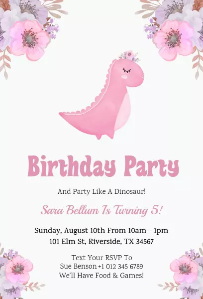 Dinosaur Theme Pink Birthday Celebration Invitation Template