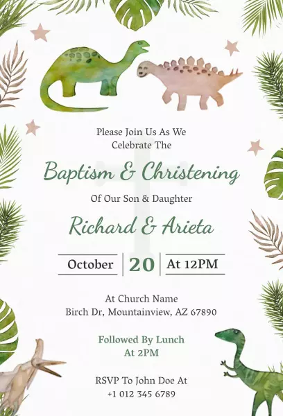 Dinosaur Theme Tropical Baptism Celebration Invitation Template