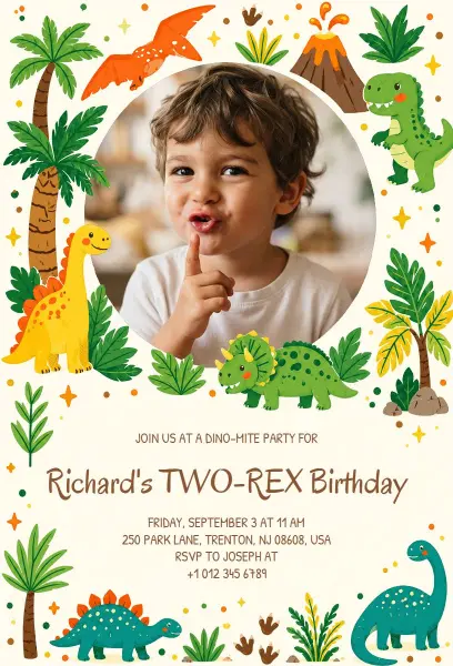 Dinosaur Themed 2nd Birthday Party Invitation Template