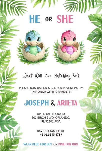 Dinosaur Themed Colorful Gender Reveal Party Invitation Template