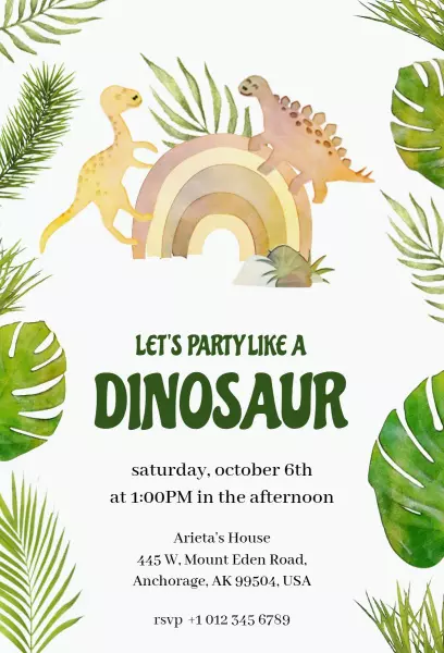 Dinosaur Themed Fun Kids Birthday Party Invitation Template