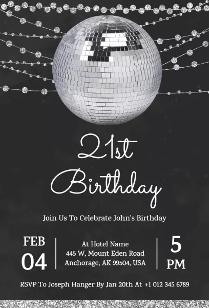 Disco Ball Glam 21st Birthday Celebration Invitation Template