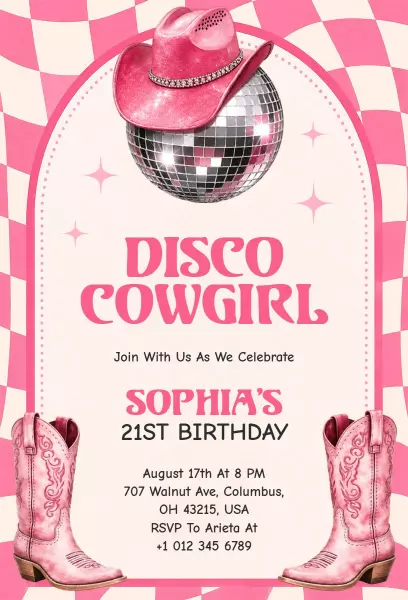 Disco Cowgirl Themed 21st Birthday Celebration Invitation Template