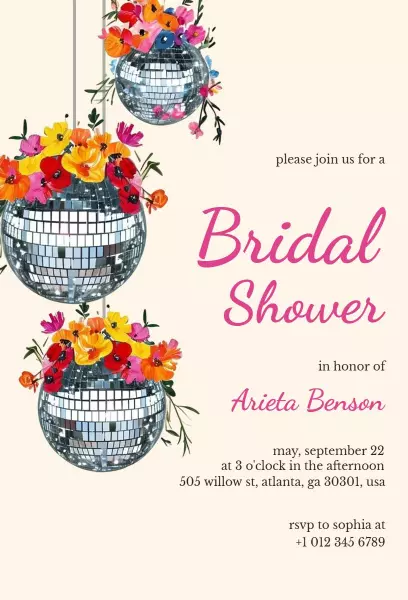 Disco Glam Floral Bridal Shower Celebration Invitation Template