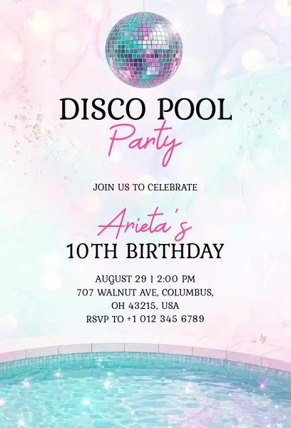 Disco Themed Pool Party 10th Birthday Invitation Template