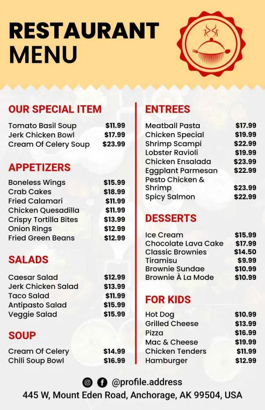 Diverse Entrees and Satisfying Desserts Selection Restaurant Menu Template