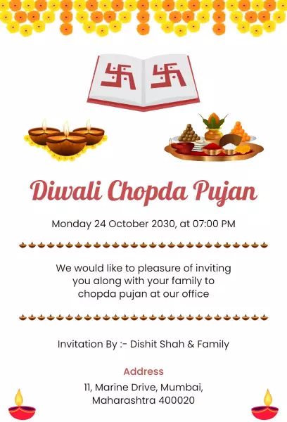 Divine Diwali Chopda Pujan Ceremony Family Invitation Template