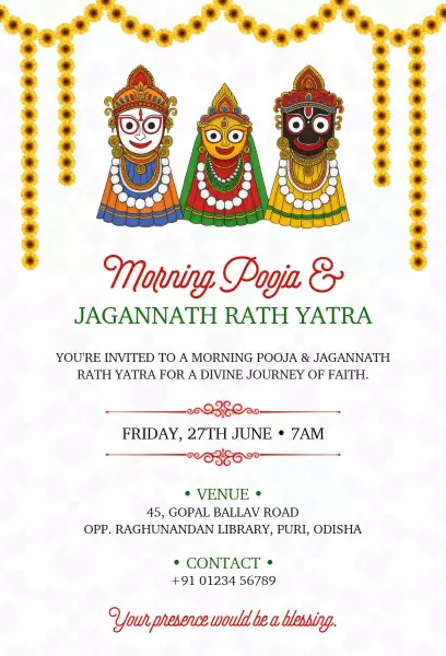 Divine Jagannath Rath Yatra Morning Pooja Invitation Template