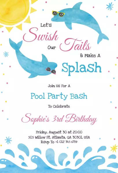 Dolphin Splash Fun 3rd Birthday Pool Party Invitation Template