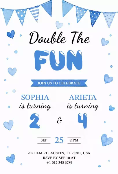Double Birthday Celebration Blue Bunting Invitation Template