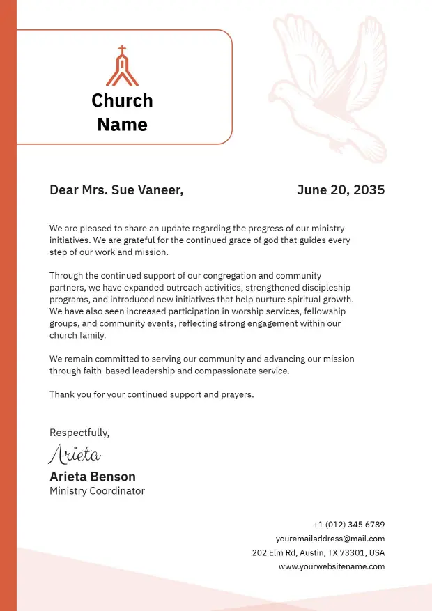 Dove Symbol with Orange Accent Church Communication Letterhead Template
